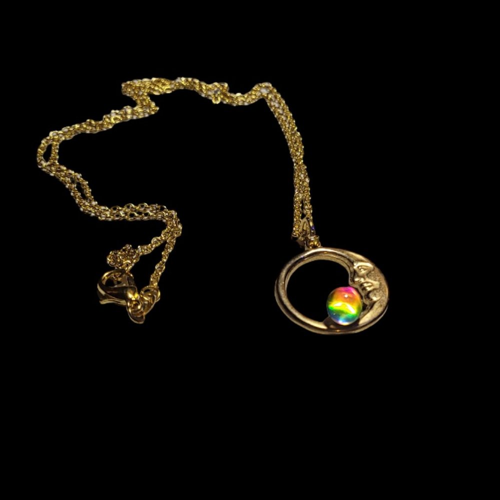 Vintage Gold Plated Man in the Moon Prismatic Glass Ball Necklace